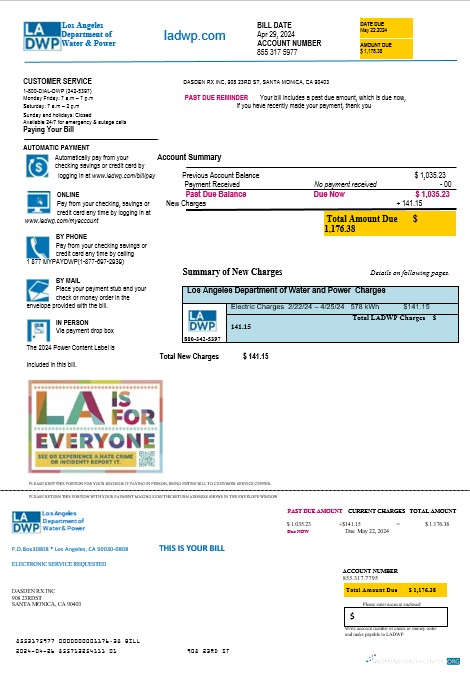 Download USA LA DWP business utility bill template in Word and PDF formats Photoshop template